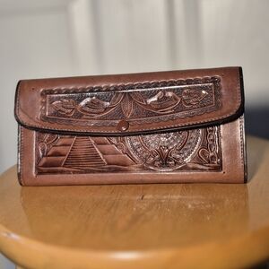 Vintaged Tooled Leather Mexico Bifold Embossed Wallet With Mirror And Coin Pouch